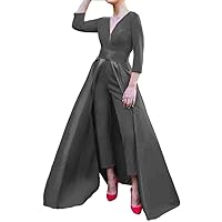 Women's Long Sleeve Satin Jumpsuits Prom Dress Removable Waist Cape Ball Gowns