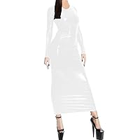 21 Colors Women Long Sleeve Slim Dress Shiny Stretchy Maxi Dress (White,4XL)