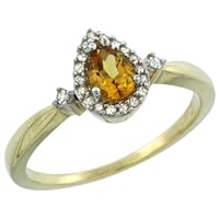 14k Yellow Gold Natural Citrine Ring Teardrop 4x6 mm 1/3 ct Diamond Halo 3/8 inch wide, sizes 5-10