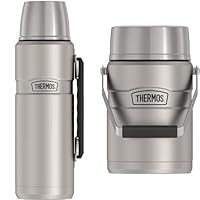 THERMOS Stainless King Vacuum-Insulated Food Jar with 2 Storage Containers, 47 Ounce, Matte Steel and THERMOS Stainless King Vacuum-Insulated Beverage Bottle, 40 Ounce, Matte Steel