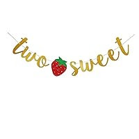 Two Sweet Banner, Strawberry Theme Party Sign For Baby Girl's/Boy's 2nd Birthday, Gold Baby Twins' Birthday Party Bunting Supplies, Twins Baby Shower Party Decorations