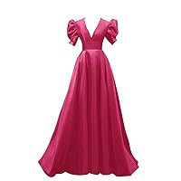 Tsbridal Women Short Sleeve V Neck Prom Dresses Long A line with Pocket Pleates Satin Formal Evening Party Gowns