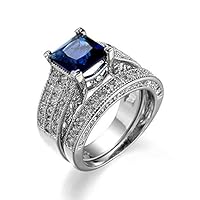 (Blue) Black/Blue Sapphire Square Cut Women's 925 Silver Engagement Ring Sets Size 6-10 (10)