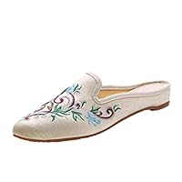 Flower Embroidered Women fleece Cotton Fabric Flat Mules Slippers Pointed Toe Summer Shoes For Ladies