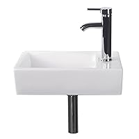 Walsport Small Bathroom Sink and Faucet Combo Triangle White Porcelain Ceramic Basin Wall Mount Bathroom Sink Corner Sink Mini Vanity Space, Faucet and Drain Combo Modern