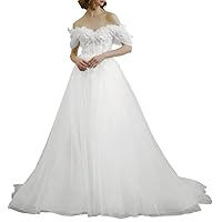 3D Flowers Tulle Wedding Dresses for Bride 2024 Puffy Off The Shoulder Beach Wedding Dress Sweep Train