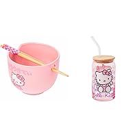 Silver Buffalo Sanrio Hello Kitty Strawberry Milk Japanese Character Ceramic Ramen Rice Bowl & Sanrio Hello Kitty Glass Tumbler with Bamboo Lid and Glass Straw, 16 Ounces