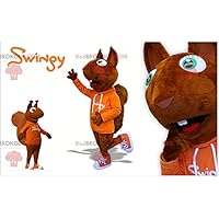 Brown squirrel REDBROKOLY Mascot with an orange sweatshirt