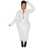 Women PU Leather Long Sleeve Bodycon Dress Sexy Turtle Neck Front Zipper Casual Pencil SkirtPlay Cosplay Uniform 7XL (6X-Large,White,6X-Large)