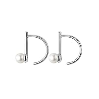 Reffeer Solid 925 Sterling Silver Pearl Half Hoop Earrings for Women Teen Girls Bar Hoop Earrings Open Small Huggie Earrings