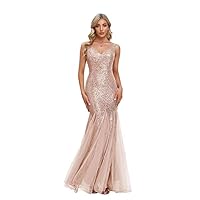 Updated Women's Double V Neck Long Sequined Mermaid Dress Formal Dress Bridesmaid Party Dress