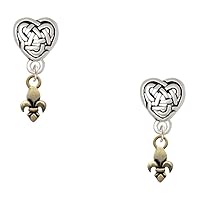 Plated Mini Fleur de Lis - Silvertone Celtic Knot Heart Post Earrings