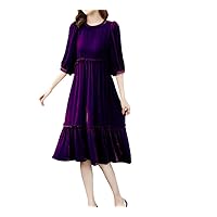 Womens Dresses Lady Seven-Point Sleeve Dress Crewneck Lace Stitching Dress