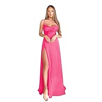 Spaghetti Straps Satin Bridesmaid Dresses Long for Women Formal Pleated Aline Corset Prom Dress with Slit