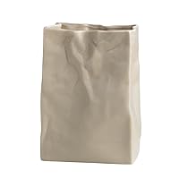 Crinkle Paper Bag Shape Ceramic Vase, Large Capacity for Flower Arrangement, Bookshelf Decorative (Coconut Café)