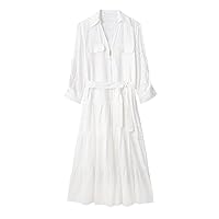 Embroidery White Dress Woman Shirt Dress Women Belt Summer Long Dresses for Women Long Sleeve Midi Dresses