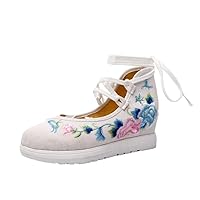 Spring Women Cross-Tied Embroidered Casual Shoes Vintage Canvas Sneakers Ethnic Lace-Up Female Wedges Shoes White 4