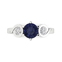 Clara Pucci 1.82ct Round Cut 3 stone Solitaire Simulated Blue Sapphire designer Modern Statement with accent Ring Solid 14k White Gold