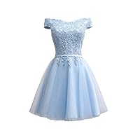 Women's Lace Appliques Short Prom Dress Cap Sleeves Bridesmaid Dresses Light Blue