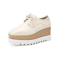 Women's Casual Platform Wedge Oxfords Square Toe Lace Up Chunky High Heel Patent Leather Oxford Shoes