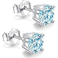 ANGEL SALES 1.00 Ct Round CZ Aquamarine Solitaire Stud Earrings For Girls & Women's 14K White Gold Finish