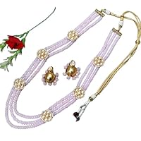 Indian Traditional Bollywood Kundan Pearl Long Multi Layered Necklace Earrings Jewelry Set for Women Girls Hydrobeads pearl Strand Mala Necklace Christmas Gifting Jewelry