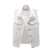 Women Single Breasted Denim Vest Autumn Winter Solid Casual Turn-Down Collar Pocket Sleeveless Short Coat