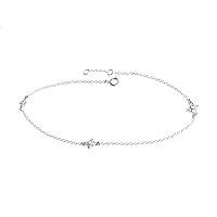 Rhodium-plated Sterling Silver Flower Cubic Zirconia Adjustable Ankle Bracelet, 9