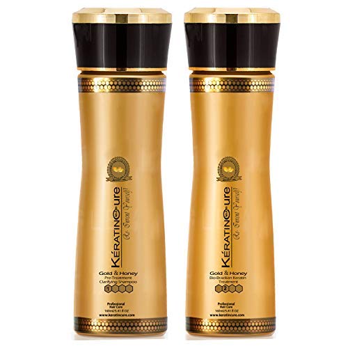 Keratin Cure Gold & Honey Bio-Brazilian Hair Treatment- #1 and #2 Touch Up 2 Time Safe Repair & Straight 2 piece kit 160ml / 5.41 fl oz