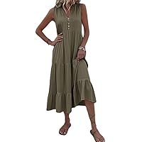 2024 Women's Boho Dress Wrap V Neck Sleeveless Belted Ruffle Hem A-Line Flowy Maxi Dresses Summer Button Casual High Waist