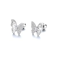 18G Cute Butterfly Stud Earrings Sterling Silver 925 Dainty Cubic Zriconia Crystal Cartilage Tragus Helix Earring Studs Barbell Bar with Screw Back Piercing Jewelry Gifts for Women Girls BFF