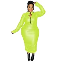 Women PU Leather Long Sleeve Bodycon Dress Sexy Turtle Neck Front Zipper Casual Pencil SkirtPlay Cosplay Uniform 7XL (6X-Large,Fluorescent Green,6X-Large)