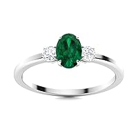 Emerald Oval 6x4mm Three Stone Ring | Sterling Silver 925 With Rhodium Plated | Beautiful Mini Three Stone Ring For Wear Everyday