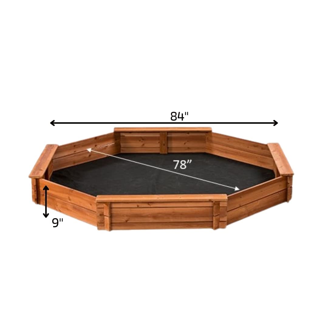 Octagon Wooden Cedar Sand box w Seat Boards | Eco-Friendly Cover & Ground Liner | 84