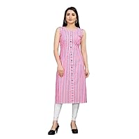 Reem Creation Women's Striped Printed Khadi Cotton Sleeve Less Single Kurti/Kurta