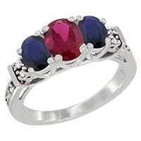 14K White Gold Natural Ruby & Blue Sapphire 3-Stone Ring Oval with Diamond Accent