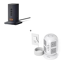 Tower Surge Protector Power Strip Bundle, TESSAN Flat Extension Cord with Multiple Outlets, Desk Charging Station for Multiple Devices 65W, Desktop Charger for Home Office Travel Accessories