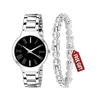 Combo Women’s 4 Different Dial Black-Blue-Pink-White Stainless Steel Silver Analog Band Watch with Silver Bracelet