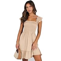 Sleeveless Square Neck Pleated Halter Dress Short (US, Alpha, X-Large, Regular, Regular, Apricot)