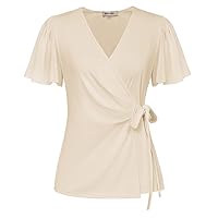 GRACE KARIN 2024 Womens Summer Tops Dressy Casual Short Sleeve Chiffon Shirts V-Neck Wrap Business Work Lightweight Cute Fitted Blouses