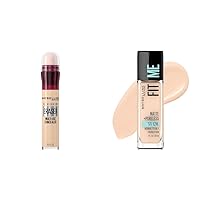 Maybelline Instant Age Rewind Eraser Dark Circles Treatment Multi-Use Concealer, 100, 1 Count (Packaging May Vary) & Fit Me Matte + Poreless Liquid Oil-Free Foundation Makeup, Natural Ivory, 1 Count