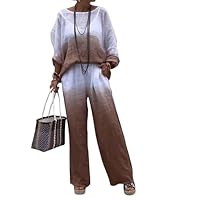 Linen Sets for Women 2 Piece Linen Pants Outfits Casual Long Sleeve Shirts and Wide Leg Pant Linen Suits Plus Size