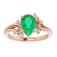 1 CT Vintage Floral Pear Shape Emerald Ring 14k Gold, Filigree Tear Drop Green Emerald Engagement Ring, Nature Inspired Wedding Ring, May Birthstone Bridal Ring Proposal Promise Ring