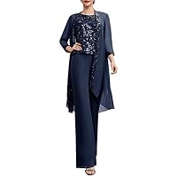 Long Sleeves Mother of The Bride Pant Suits for Wedding with Jacket 3 PCs Chiffon Lace Appliques Formal Pant Suits for Women
