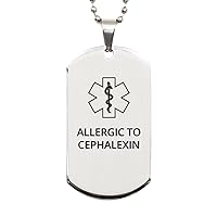 Medical Alert Silver Dog Tag, Allergic to Cephalexin Awareness, SOS Emergency Health Life Alert ID Engraved Stainless Steel Chain Necklace For Men Women Kids