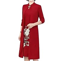 Embroidery Flower Two Pieces Cheongsam Dress Straight Long Sleeve Stand Collar for Daily Wear