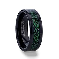 ALLURE Black Dragon Design With Green Background Inlaid Black Tungsten Men's Ring With Clear Coating And Beveled Edge - 8mm