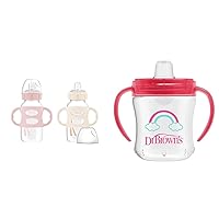 Dr. Brown's Milestones Wide-Neck Sippy Spout Bottle with 100% Silicone Handles & Transition Sippy Cup with Soft Spout - Pink - 6oz - 6m+