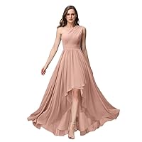 a line one Shoulder Chiffon Bridemaid Dresses high Low Women's Formal Dress with Pockets
