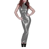 Women High Neck Elegant Solid Color Dress Summer Skinny Stretch Tank Long Dress Shiny Metallic Night Party Dress Clubwear